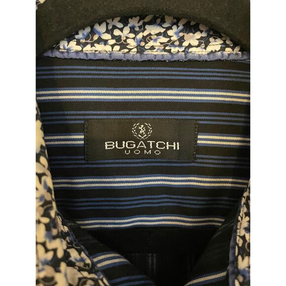 Bugatchi Uomo Mens Medium Long Sleeve Button Up All Cotton Blue White Stripe - Picture 3 of 12